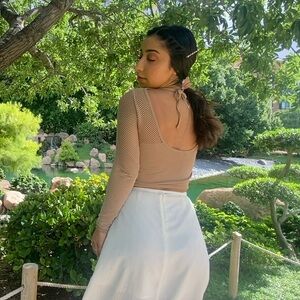 Netted Long Sleeve Crop Top with Semi Open Back and Tie